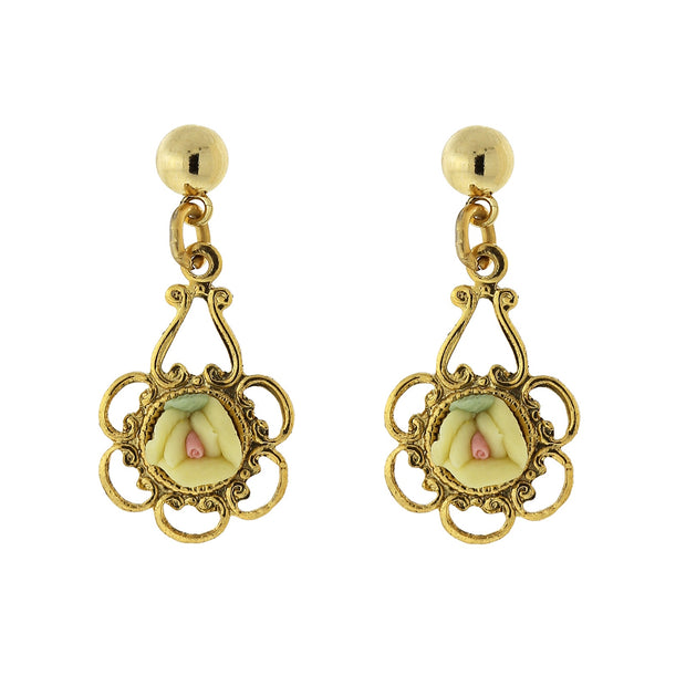 1928 Jewelry Yellow Porcelain Rose Drop Earrings