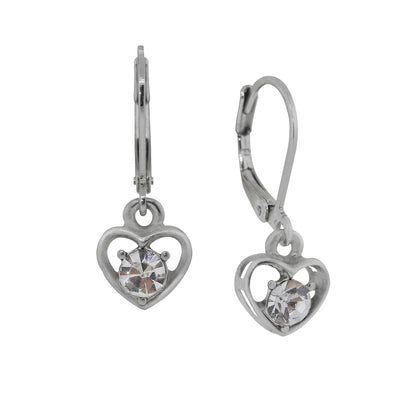 Silver Tone Clear Crystal Petite Heart Drop Earrings