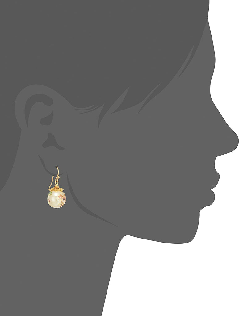 Gold Tone Floral Pearl Decal Wire Drop Earrings