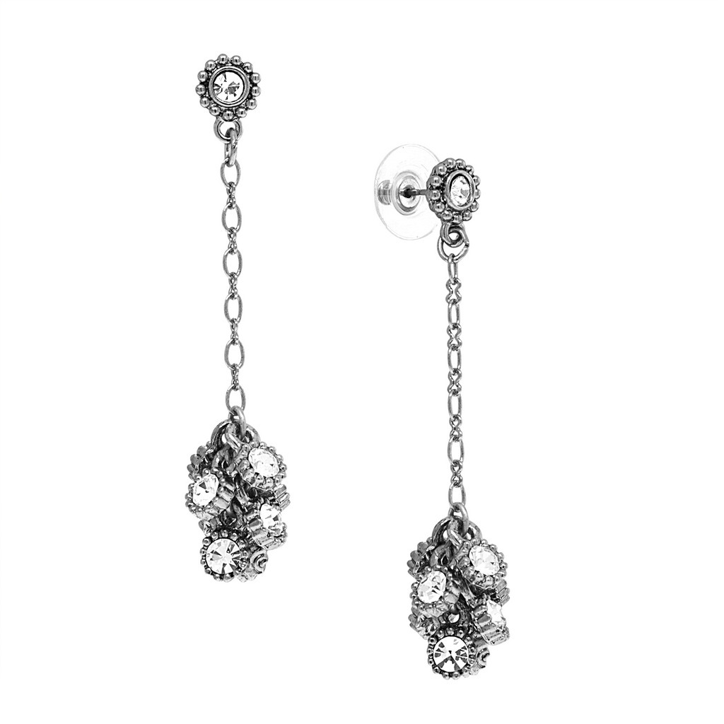 Silver Tone Linked Round Crystal Clusters Drop Earrings