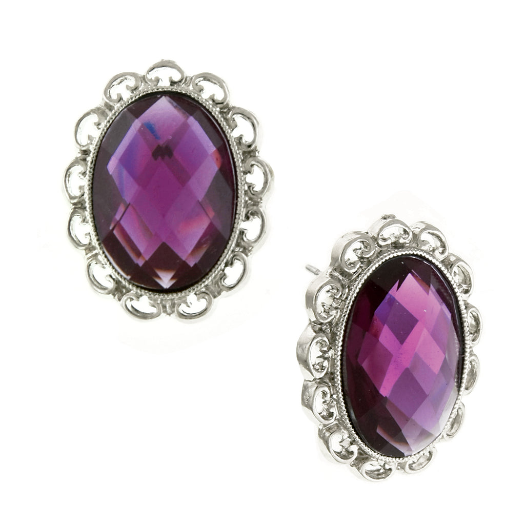 Silver Tone Purple Stone Faceted Oval Button Earrings
