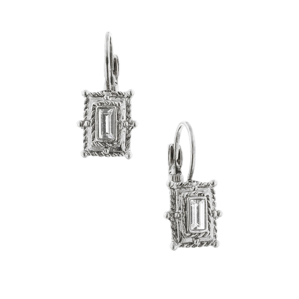 Silver Tone Crystal Square Drop Earrings