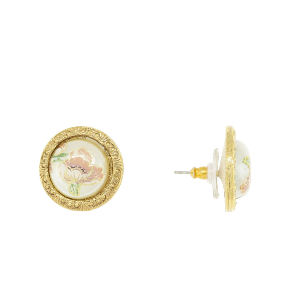 Flower Decal Faux Pearl Round Button Earrings