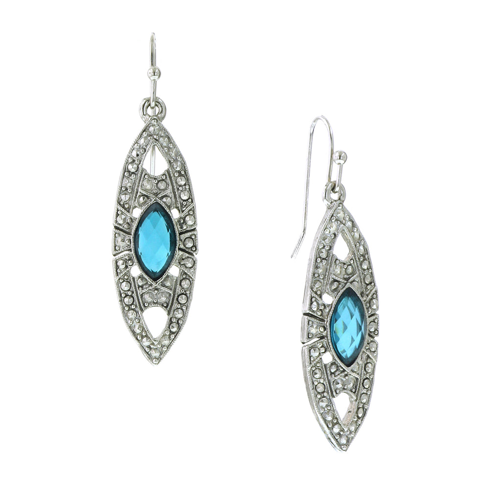 Blue Zircon 2028 Silver Tone Art Deco Inspired Leaf Drop Earrings