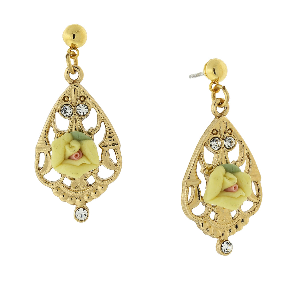 Gold Tone Porcelain Rose With Crystal Accent Filigree Drop Earrings
