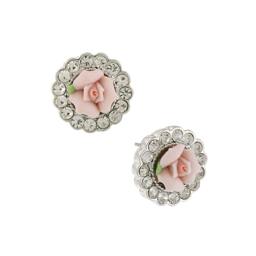 Silver Tone Crystal And Pink Porcelain Rose Button Earrings