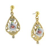 Gold Tone Porcelain Rose With Crystal Accent Filigree Drop Earrings Light Blue