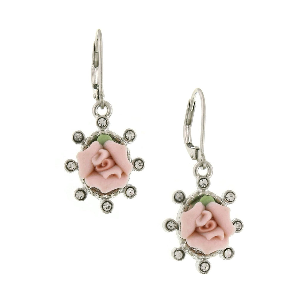 Silver Tone Crystal And Pink Porcelain Rose Drop Earrings