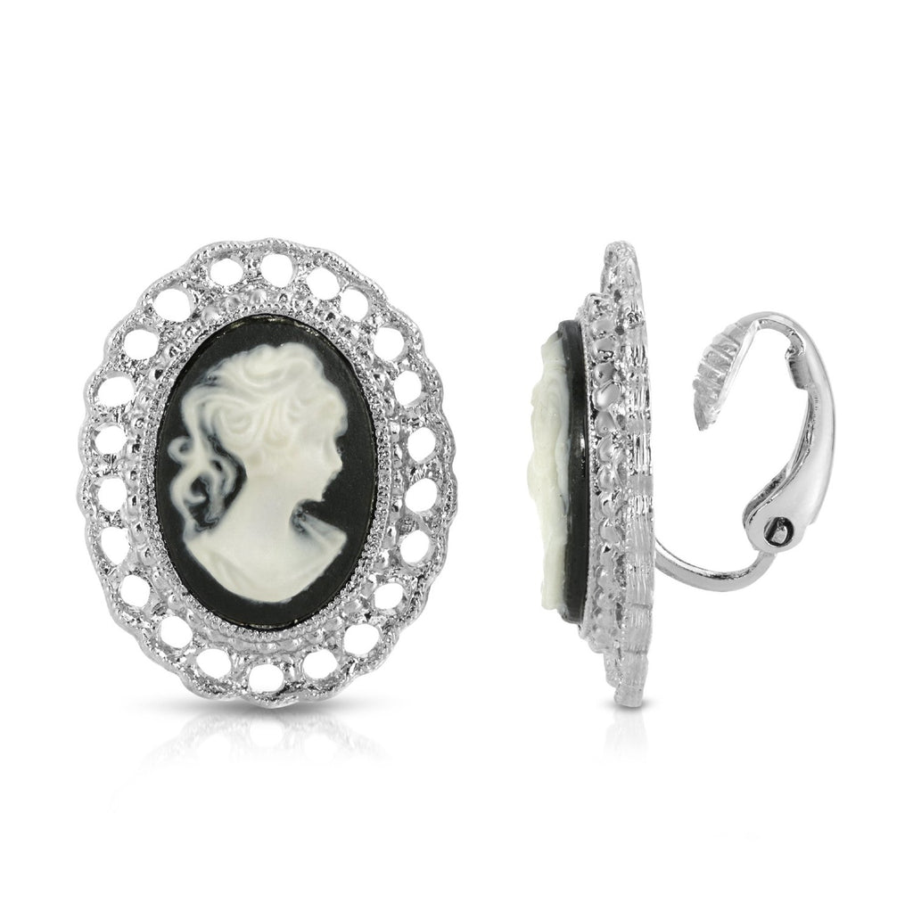 Silver Tone Black Cameo Oval Filigree Button Clip On Earrings