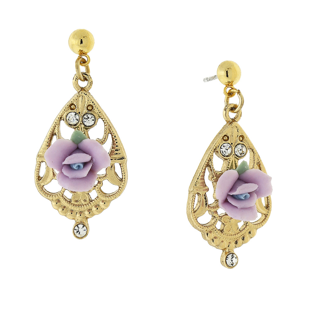 Gold Tone Porcelain Rose With Crystal Accent Filigree Drop Earrings Light Purple