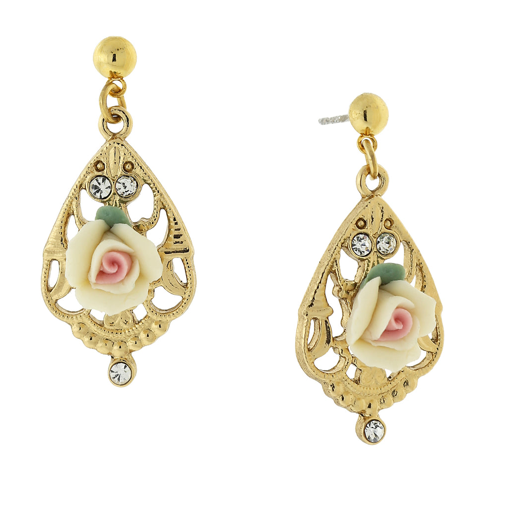Gold Tone Porcelain Rose With Crystal Accent Filigree Drop Earrings Ivory