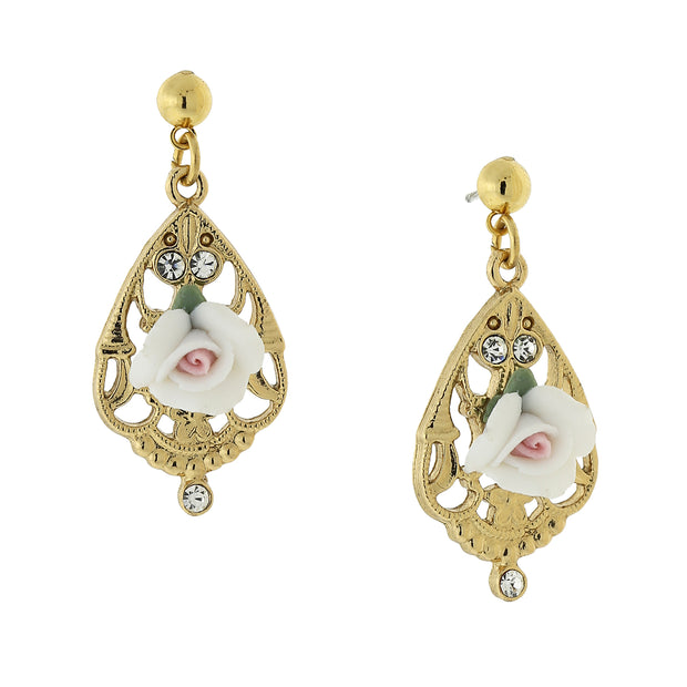 Gold Tone Porcelain Rose With Crystal Accent Filigree Drop Earrings White
