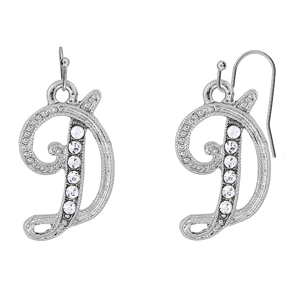 Silver Tone Crystal Initial Wire Earrings S
