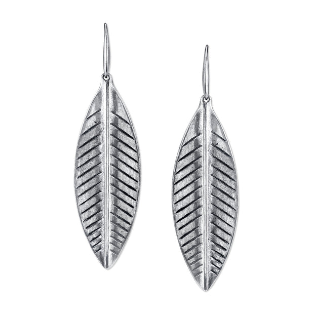 Silver Large Linear Leaf Earrings