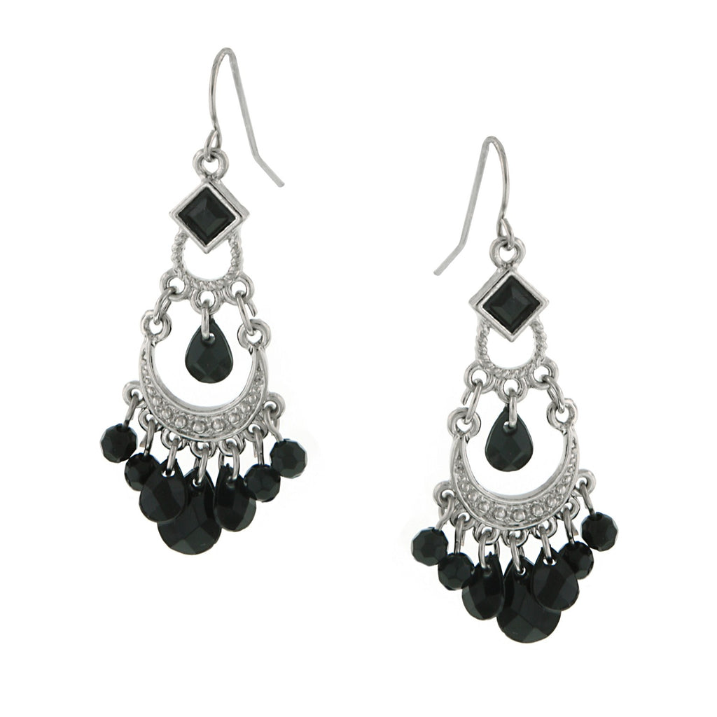 Silver Tone Black Briolette Beads Chandelier Earrings
