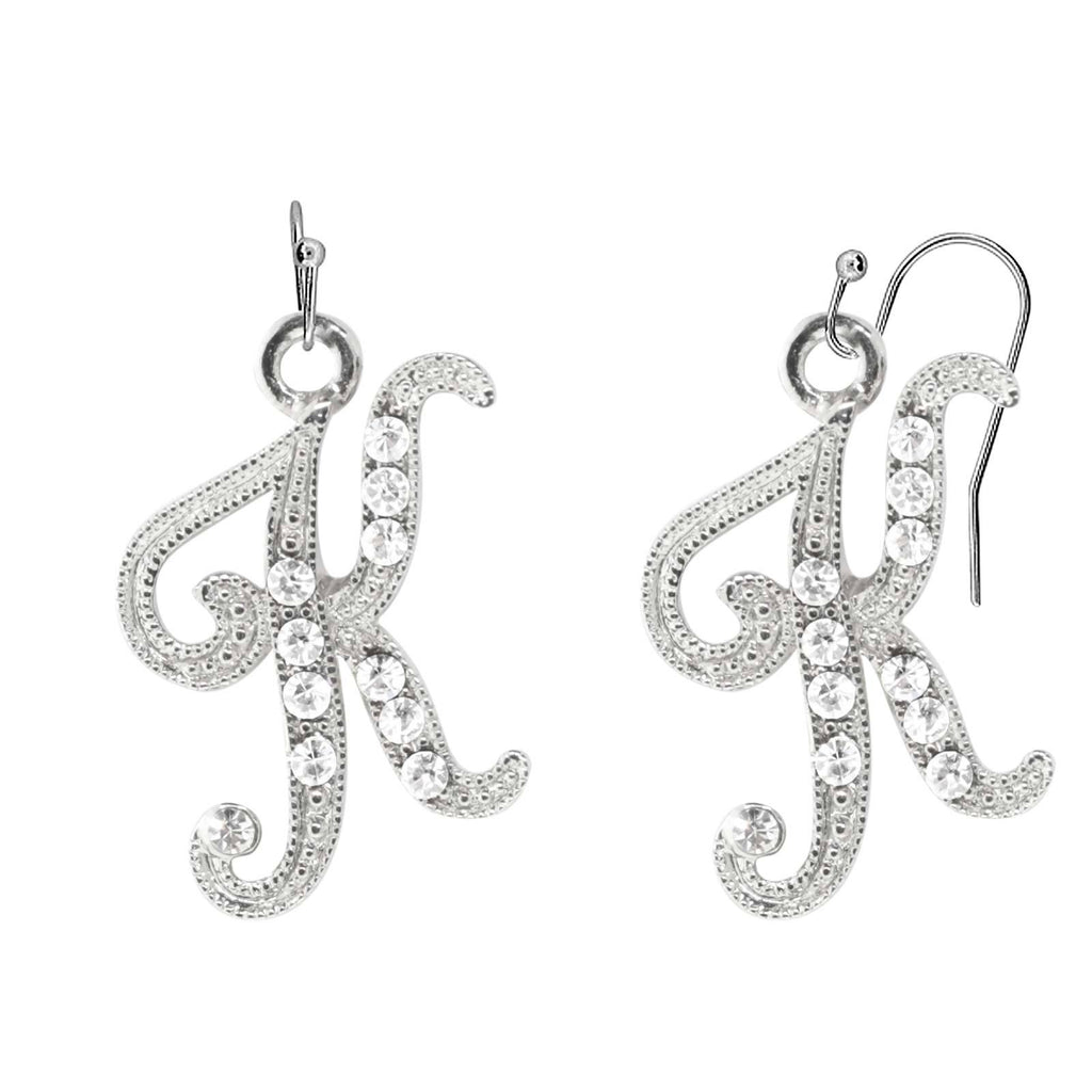 Silver Tone Crystal Initial D Wire Earrings