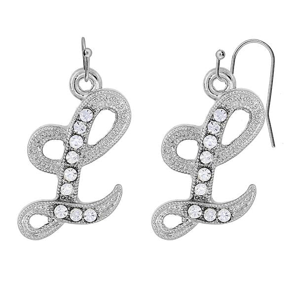 Silver Tone Crystal Initial E Wire Earrings