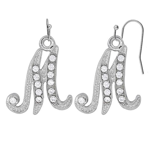 Silver Tone Crystal Initial F Wire Earrings