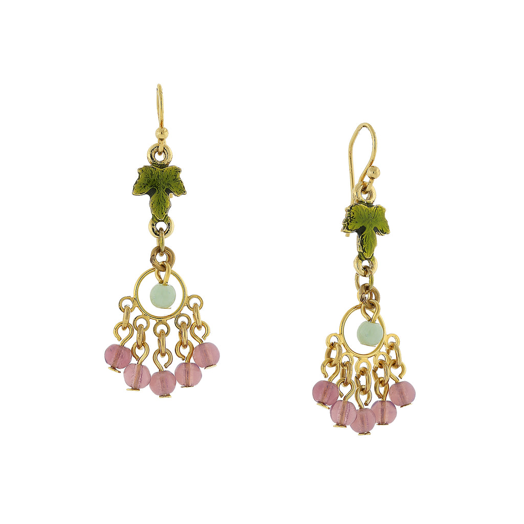 14K Gold Dippe Multi Color Beaded Grape Leaf Drop Earrings