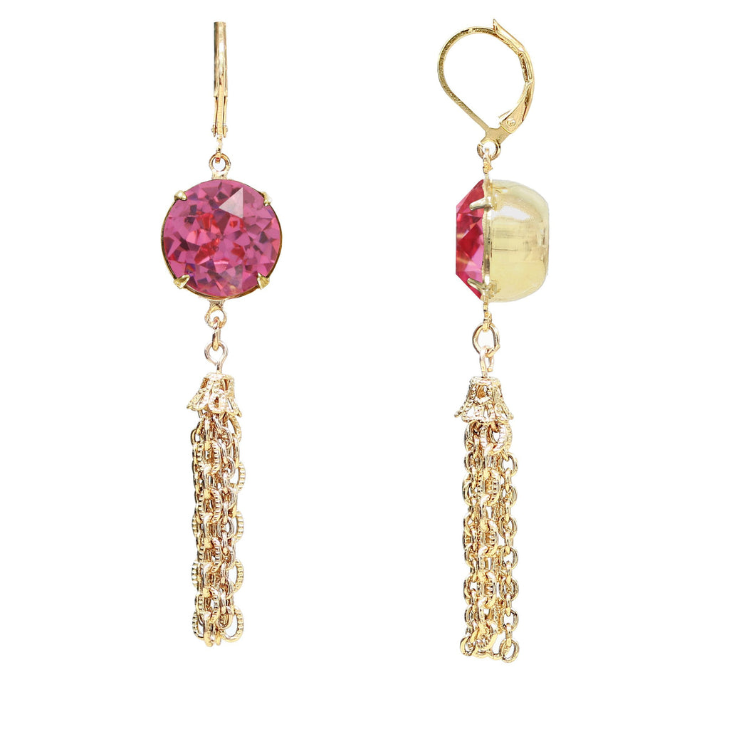 Gold Tone Pink Austrian Crystal Tassel Drop Earrings