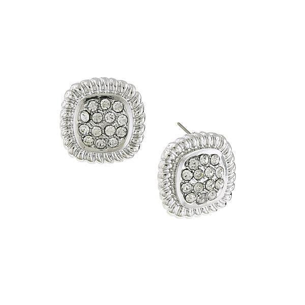Silver Tone Crystal Square Pave Button Earrings