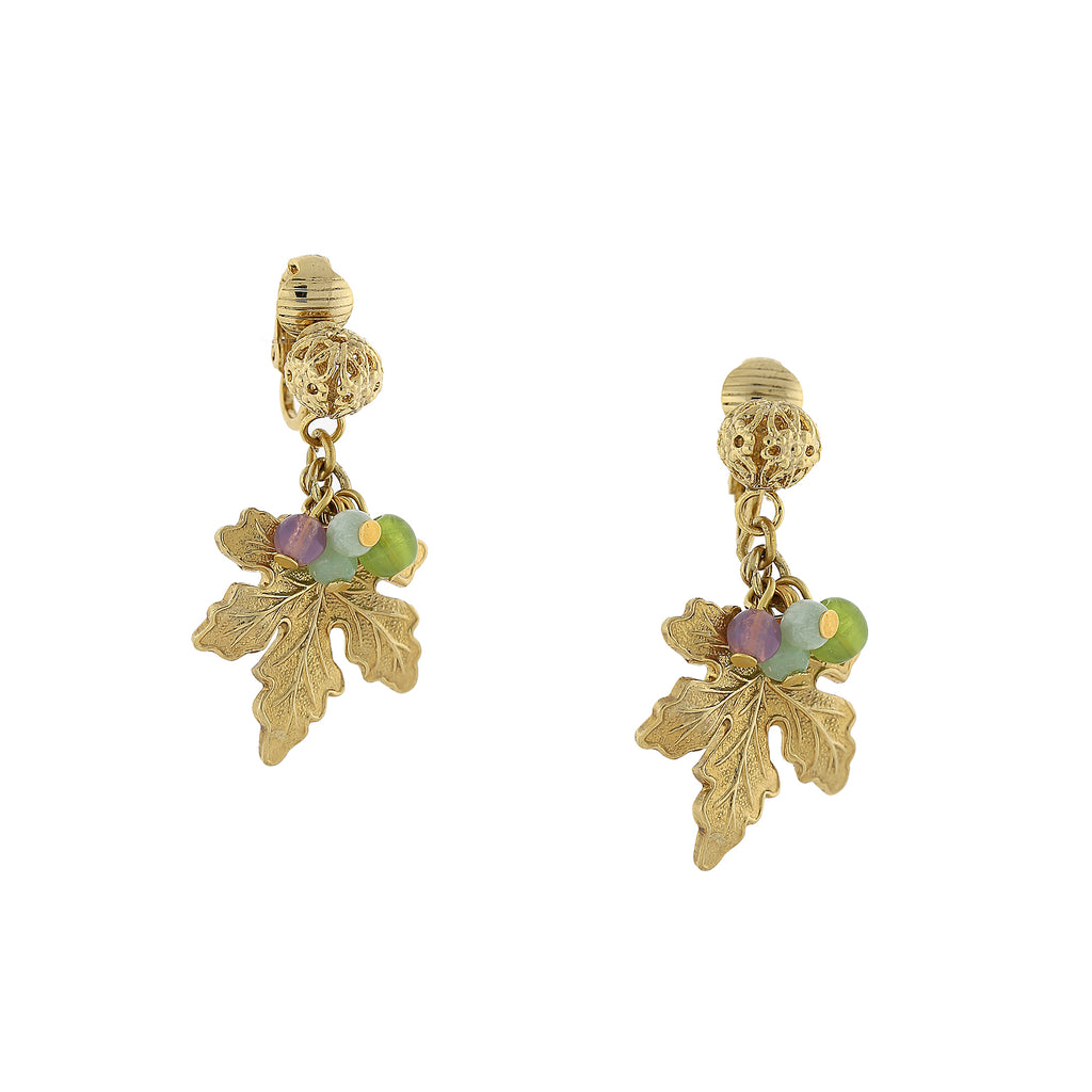 14K Gold Dipped Multi Color Beaded Grape Leaf Clip On Earrings