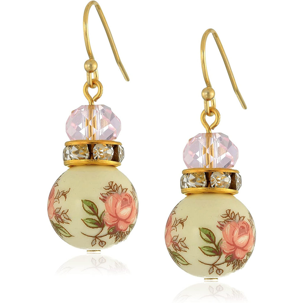 Gold Tone Light Rose Pink And Floral Beaded Drop Earrings