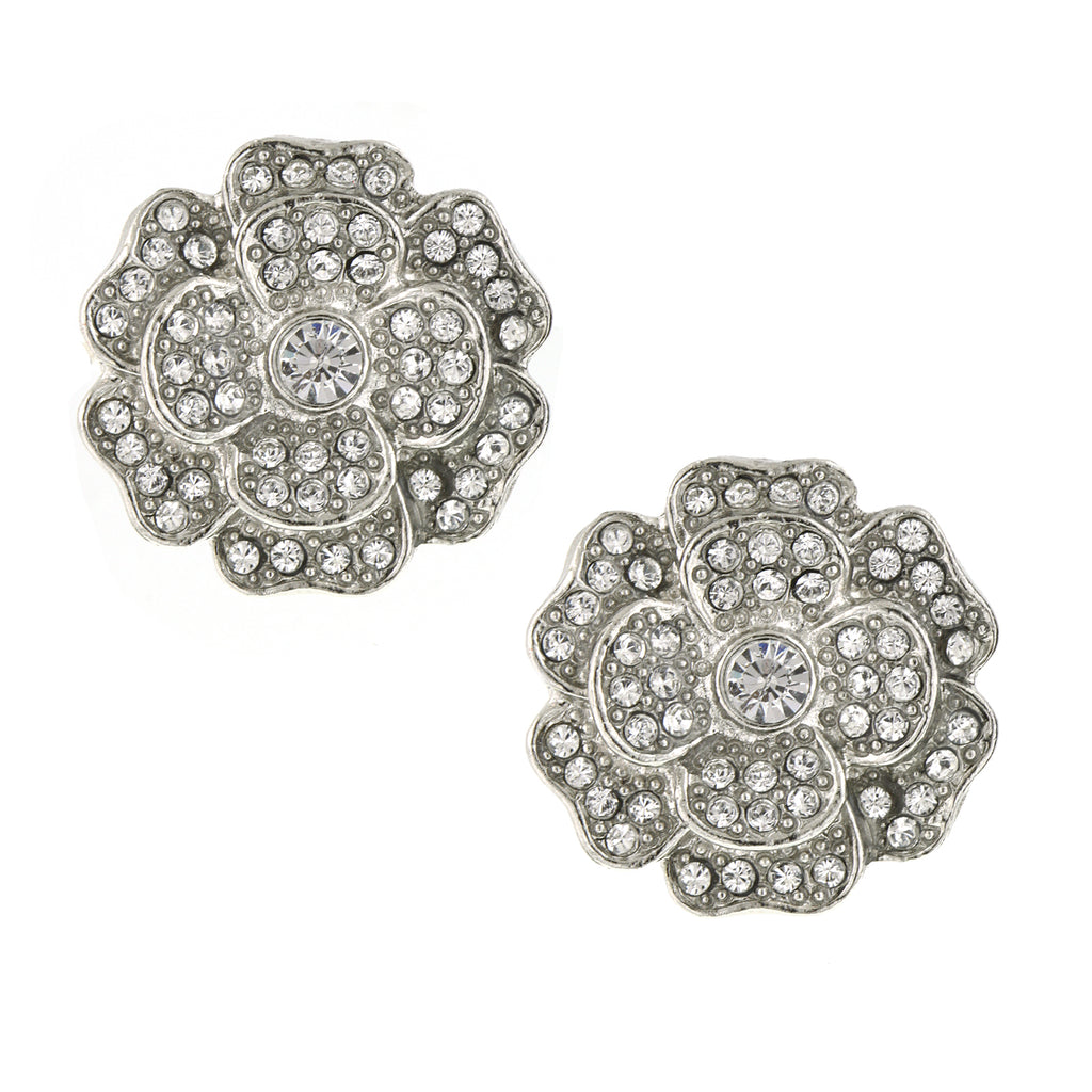 Silver Tone Flower Button Earrings With Made With Austrian Crystals