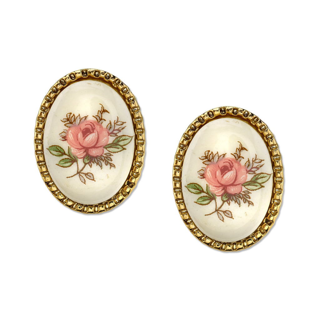 Gold Tone Ivory Color With Floral Decal Oval Button Earrings