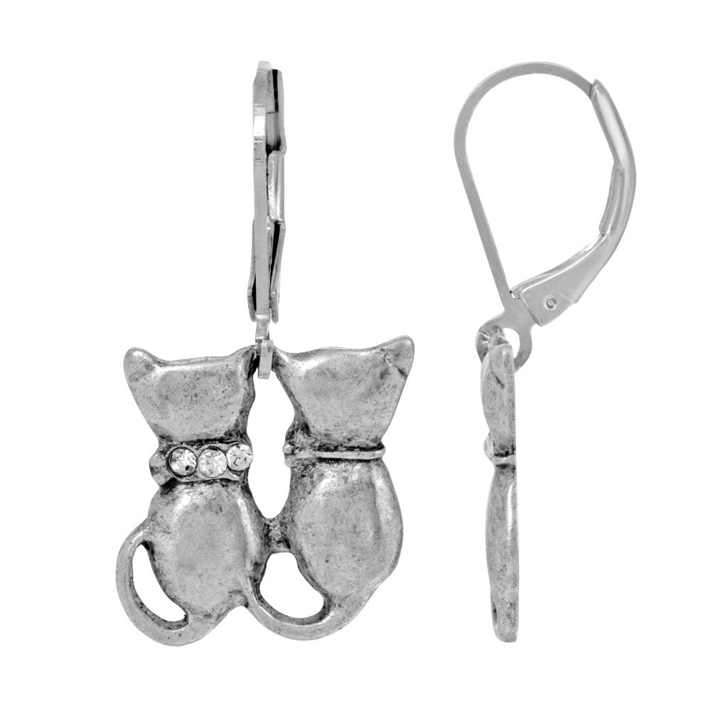Silver Tone Crystal Double Cat Lever Back Earrings