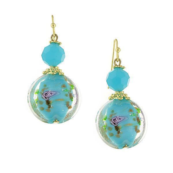 Gold Tone Round Blue & Pink Floral Drop Earrings