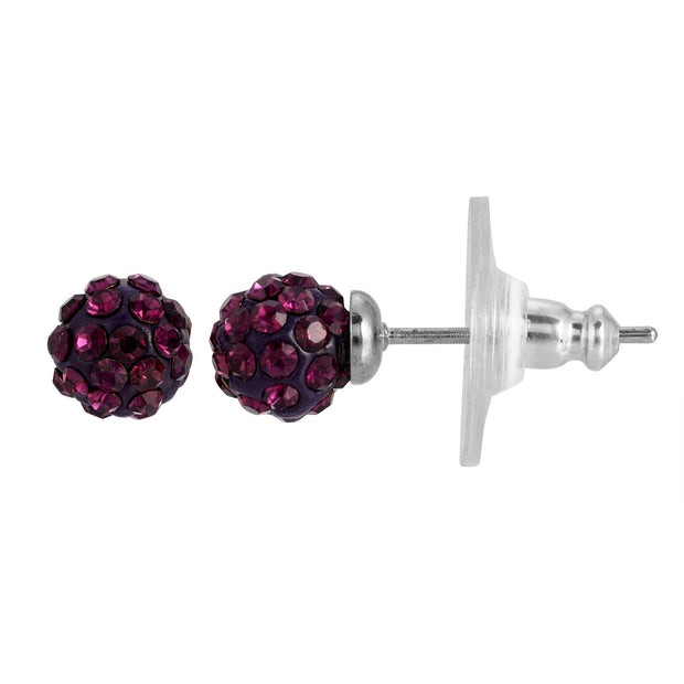 Silver Tone Amethyst Purple Crystal Pave 6Mm Stud Earrings