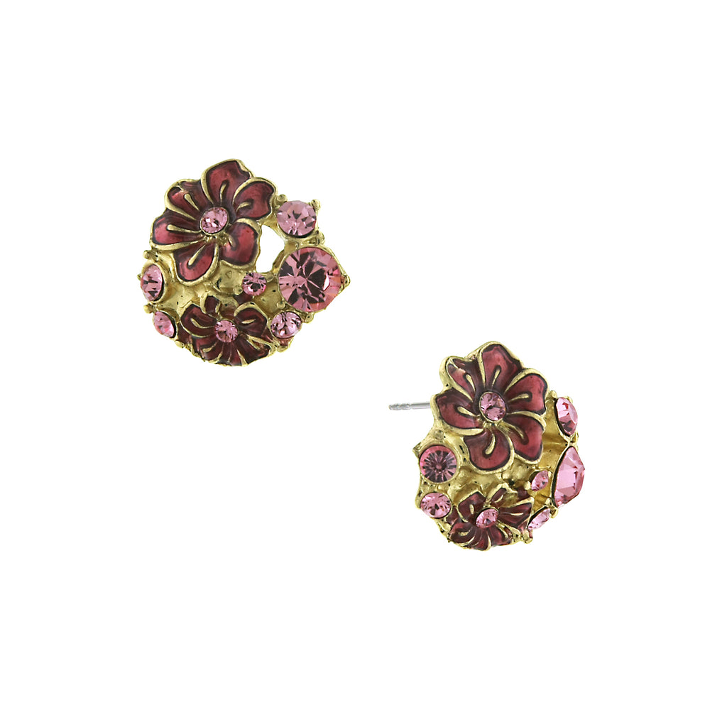 2028 Jewelry Gold Tone Purple And Crystal Enamel Flower Button Earrings