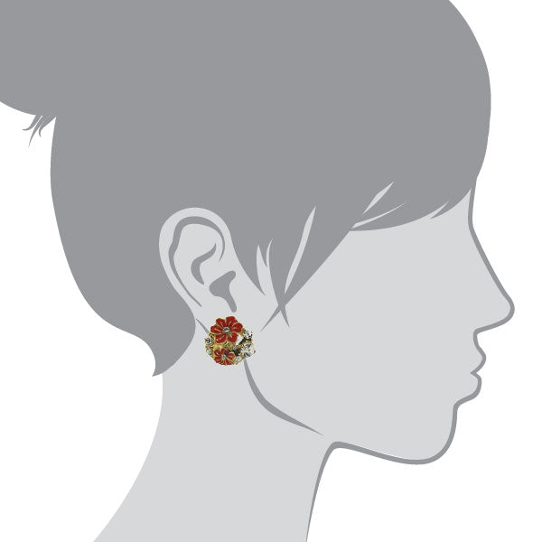 Silhouette 2028 Jewelry Gold Tone Orange And Crystal Enamel Flower Button Earrings