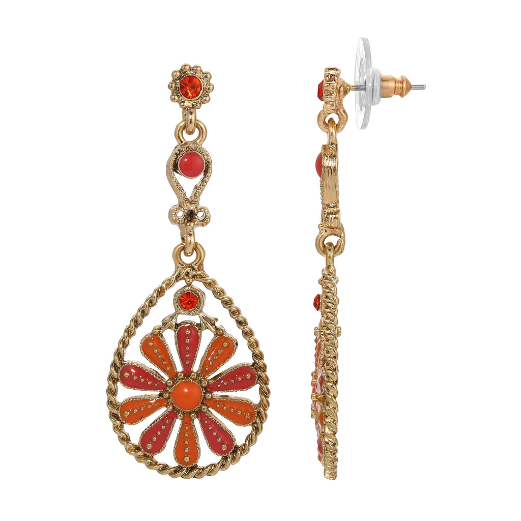 2028 Jewelry Orange And Pink Coral Enamel Flower Teardrop Earrings