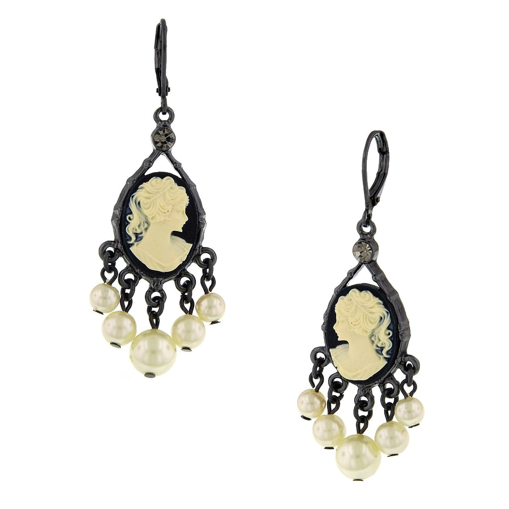 Black And Ivory Cameo White Round Faux Pearl Chandelier Earrings
