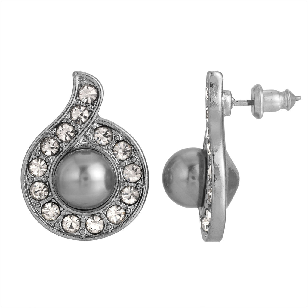 Tahitian Grey Faux Pearl Black Diamond Crystal Accent Button Earrings