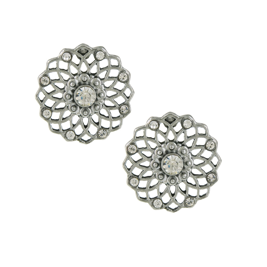 Silver Tone Crystal Filigree Large Button Earrings
