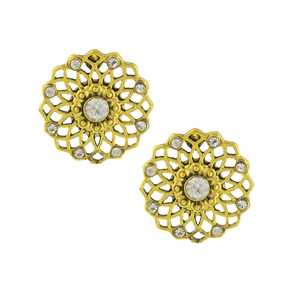 Gold Tone Crystal Large Filigree Button Earrings