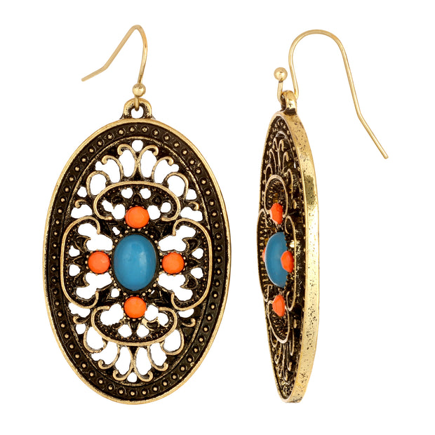 Brass Turquoise And Coral Filigree Oval Drop Earrings