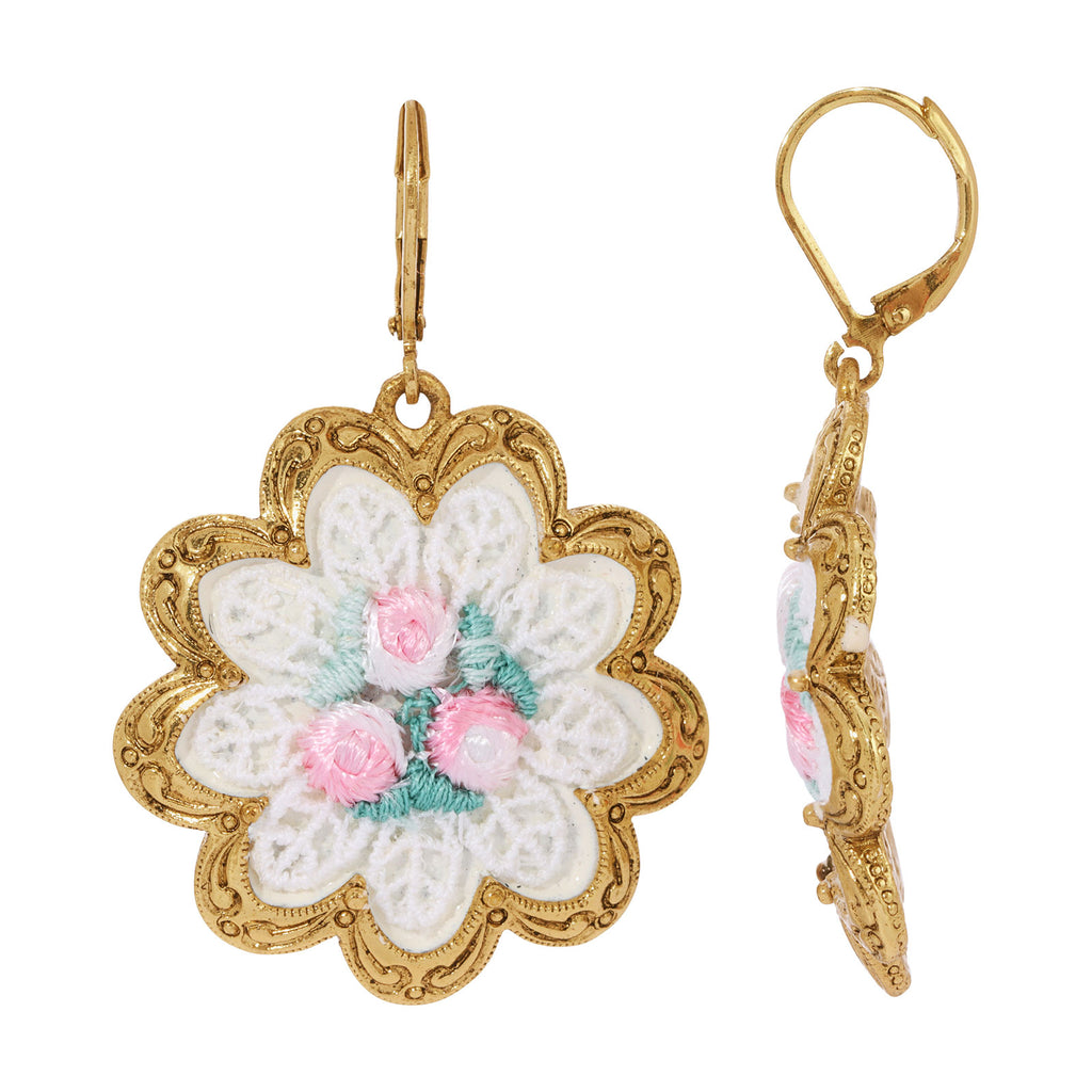Gold Tone White And Pink Knit Flower Drop Earrings