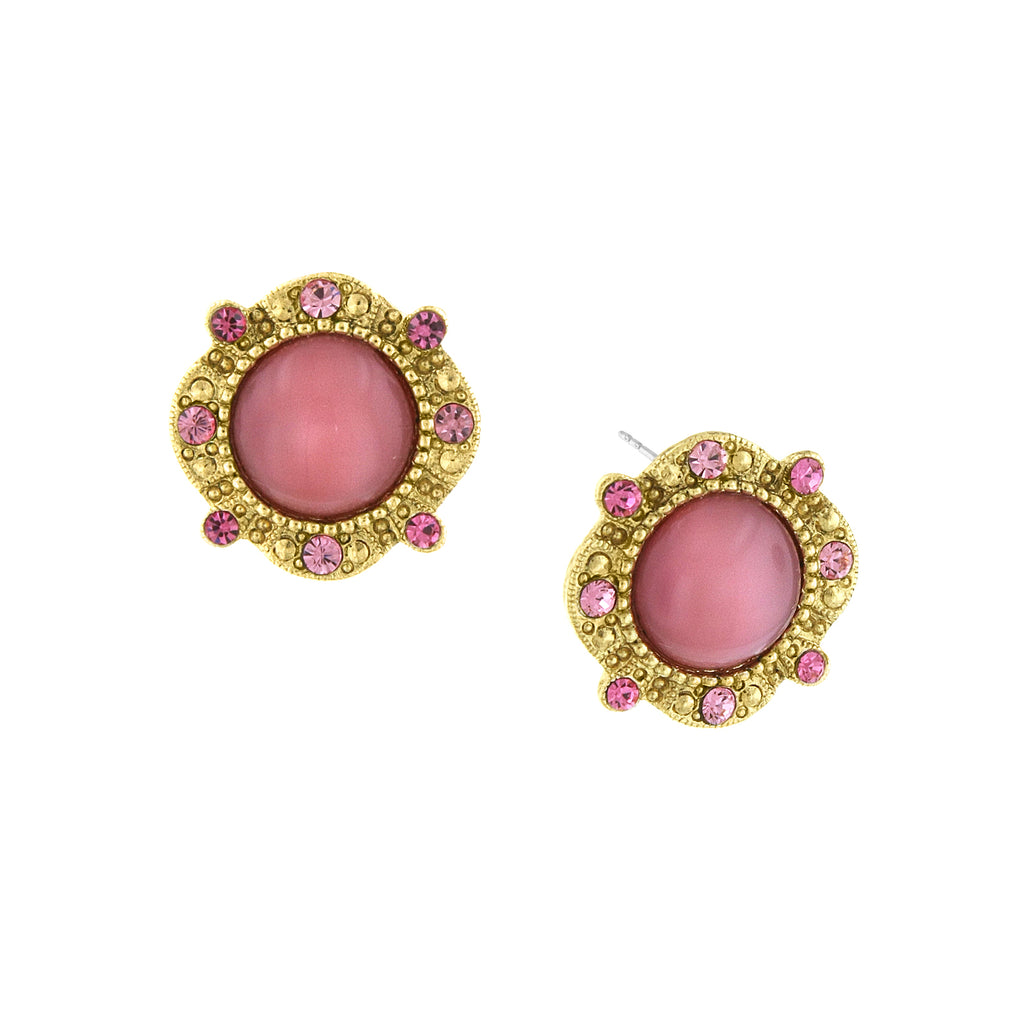 Gold Tone Pink Moonstone Round Button Earrings