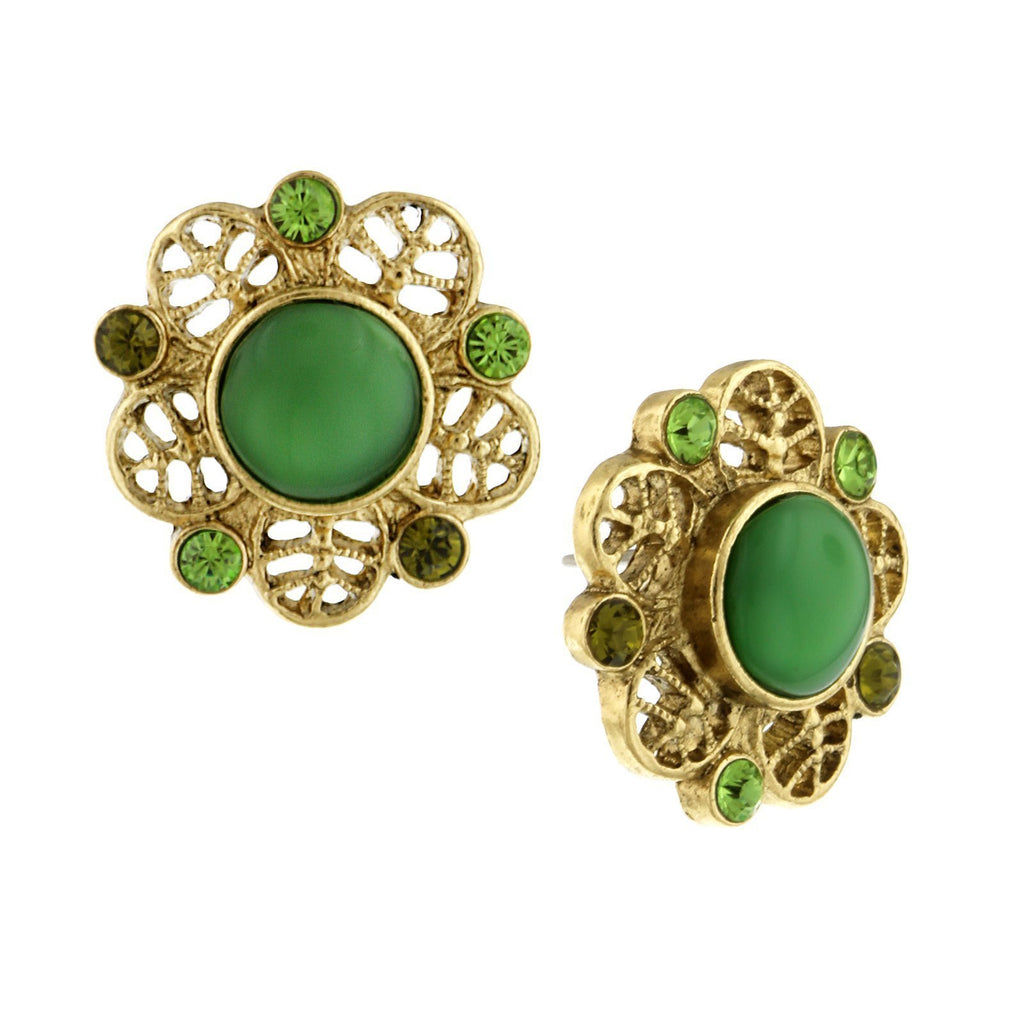 Gold Tone Green Moonstone Button Earring