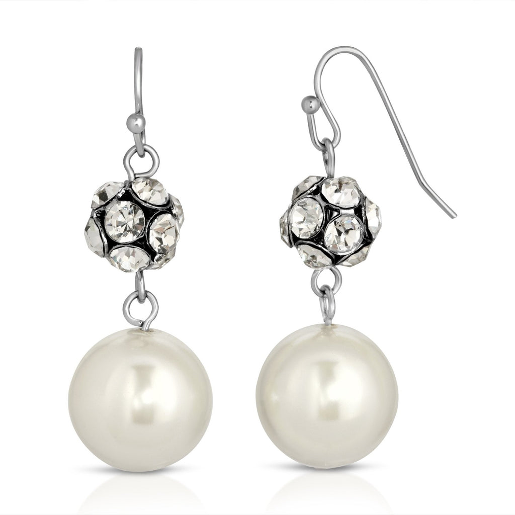 White Faux Pearl And Crystal Fireball Drop Earrings