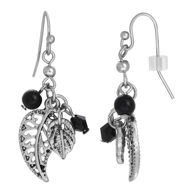 Silver Tone Hematite Color And Black Leaf Drop Earrings
