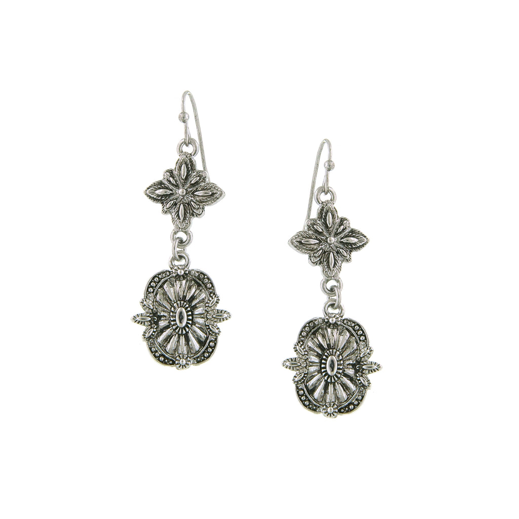 Silver Tone Tailored Starburst Accent Drop Earrings