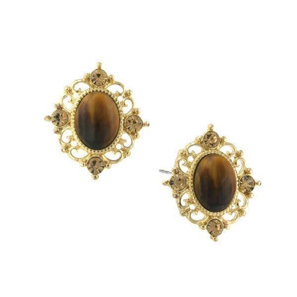 Gold Tone Topaz Crystal And Topaz Cat Eye Button Earrings