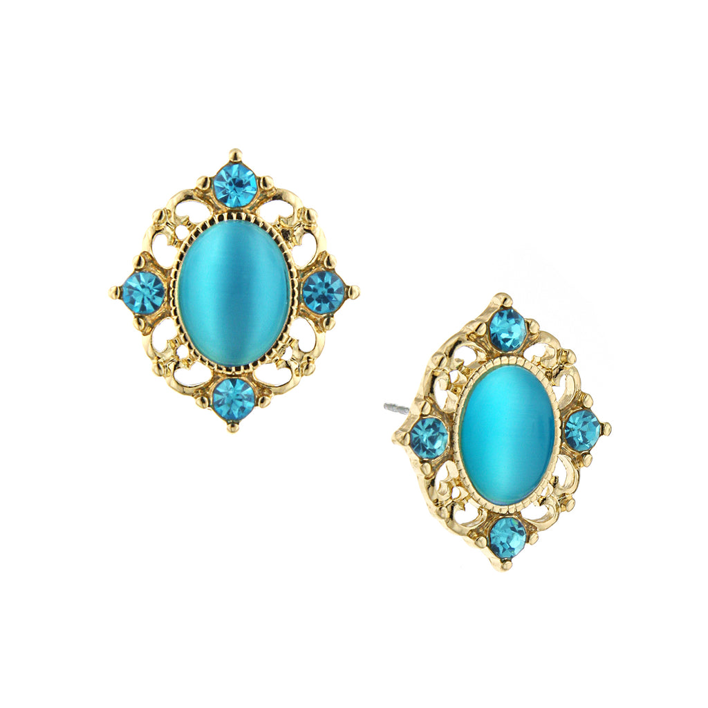 Gold Tone Aquamarine Crystal And Blue Cat Eye Button Earrings