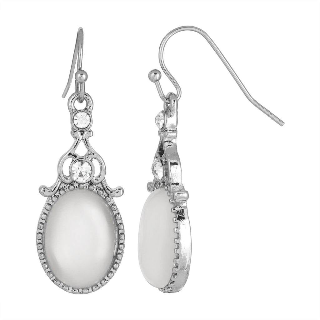 Crystal And White Cats Eye Oval Drop Earrings