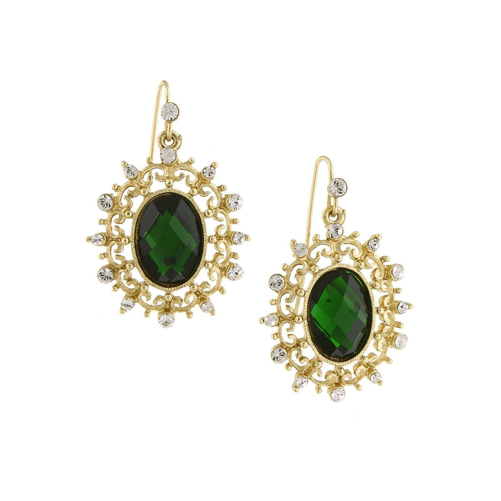 Gold Tone Green Stone And Crystal Oval Drop Earrings